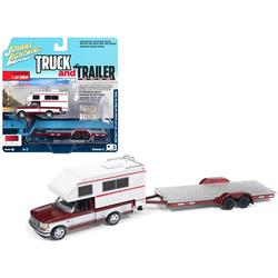 1993 Ford F-150 Red With White Camper & Chrome Open Trailer To Worldwide Truck & Trailer Series 3 1 By 64 Die-cast Model Cars - 3964 Piece