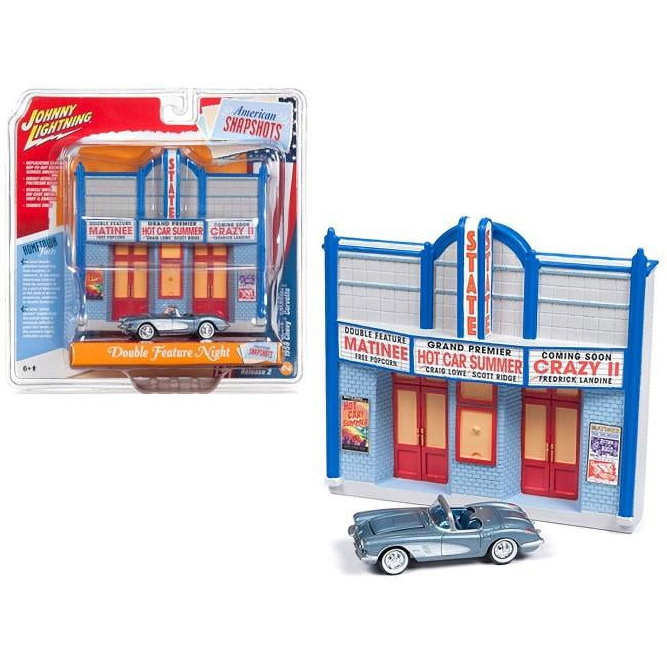 Jldr003-corv 1958 Chevrolet Corvette Convertible Blue & Resin Movie Theater For Facade Double Night 1 By 64 Die-cast Models