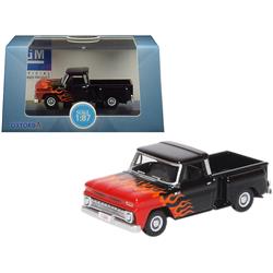 87cp65004 1965 Chevrolet C10 Stepside Pickup Truck Black With Flames Hot Rod 1-87 Ho Scale Diecast Model Car