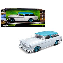 Maisto 32613w 1955 Chevrolet Bel Air Nomad Metallic White With Blue Top Classic Muscle 1-18 Diecast Model Car