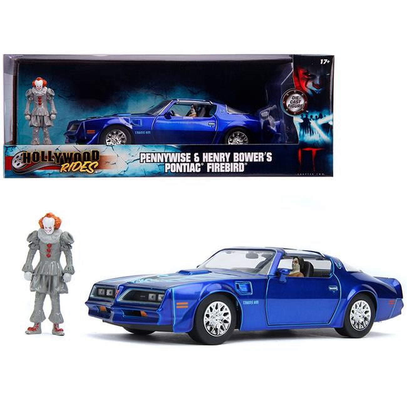 Jada 31118 Henry Bowers Pontiac Firebird Trans Am Candy Blue With Pennywise Diecast Figurine It Chapter Two 2019 Movie 1-24 Diecast Model Car