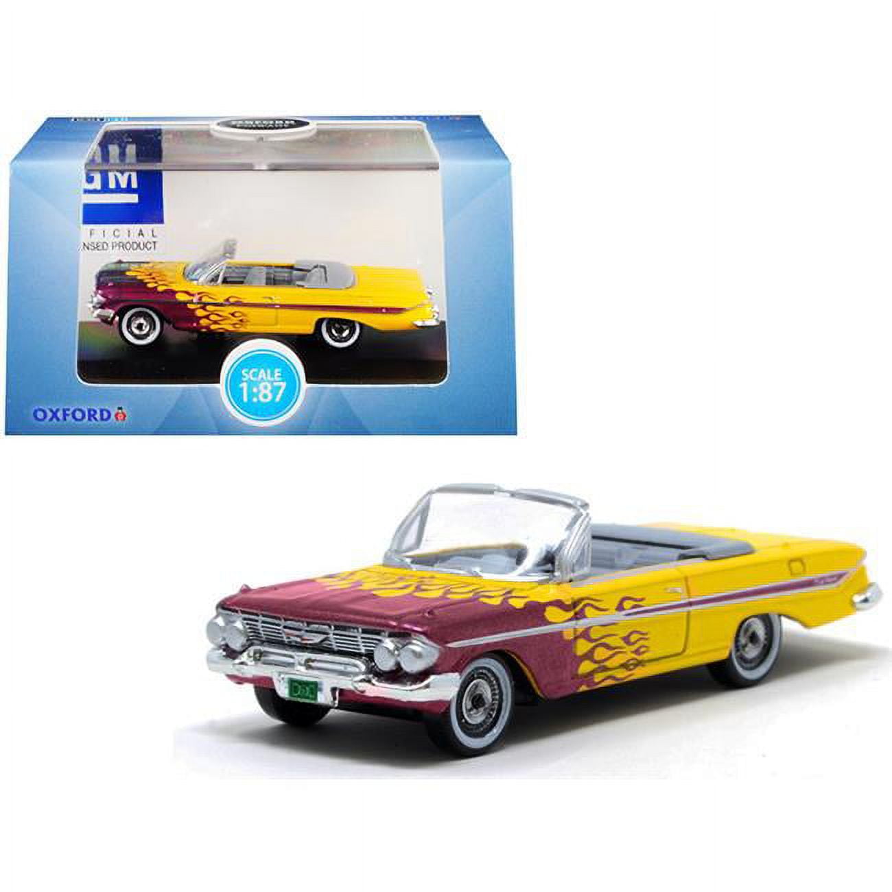 87ci61004 1961 Chevrolet Impala Convertible Flames Hot Rod 1 By 87 Ho Scale Diecast Model Car, Yellow & Purple