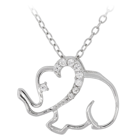 Cubic Zirconia Sterling Silver Outlined Elephant Necklace, 18 In.