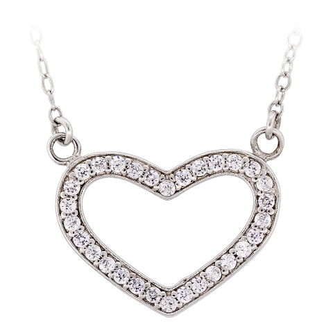 Cubic Zirconia Sterling Silver Rhodium-plated Open Heart Necklace, 18 In.