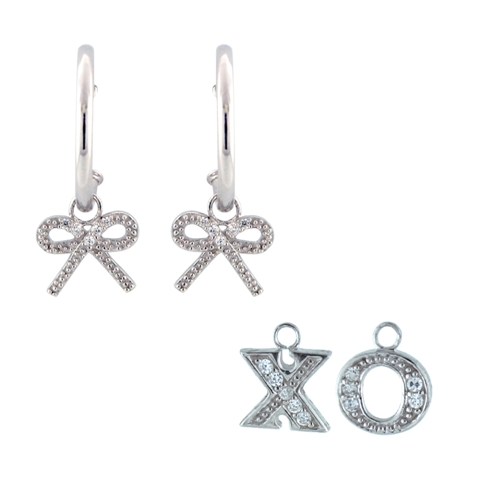 Cubic Zirconia Sterling Silver Platinum-plated Xo And Bow Enhancers .75 In. Hoop Earrings