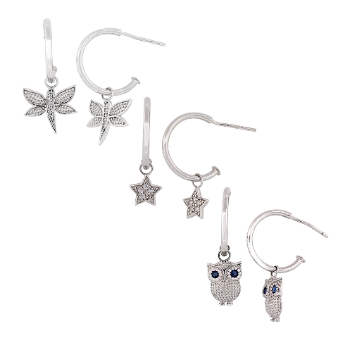 Cubic Zirconia Sterling Silver Platinum-plated Owl, Star And Dragonfly Enhancers .75 In. Hoop Earrings