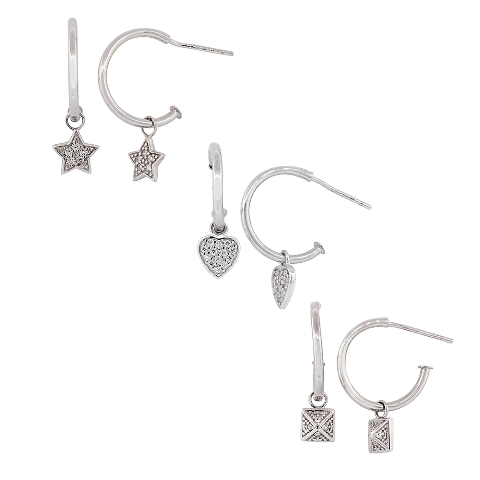 Cubic Zirconia Platinum-plated Star, Pyramid And Heart Enhancers .75 In. Hoop Earrings