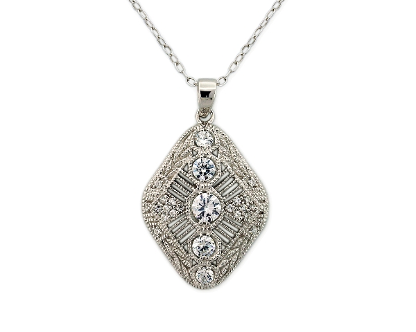 Cubic Zirconia Sterling Silver Platinum Plated Victorian Pendant, 18 In.