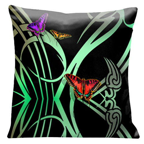 12 Butterflies With Green Art Deco Accents On A Black Background 18 In. Square Satin Pillow