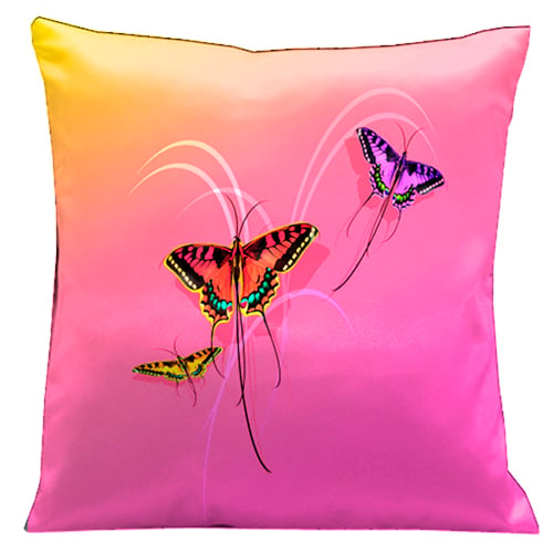 9 Butterflies With A Sunset Pink Through To Yellow Background Reverse Side Pink To Orange Background 18 In. Square Satin Pillow