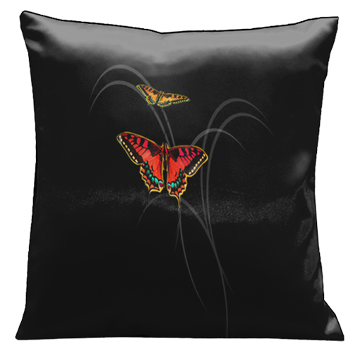 16 Beautiful Red And Orange Butterflies Against A Solid Black Background 18 In. Square Satin Pillow