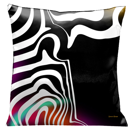 60 Striking White Graphics On Black, With Purple, Orange And Aqua Accents 18 In. Square Satin Pillow