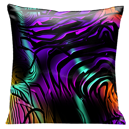 56 Mystery At Midnight, Black Swirls Over Deep Purple, Orange And Green 18 In. Square Satin Pillow