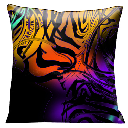 57 Black Graphics Swirling Over Orange, Yellow And Purple, 18 In. Square Satin Pillow