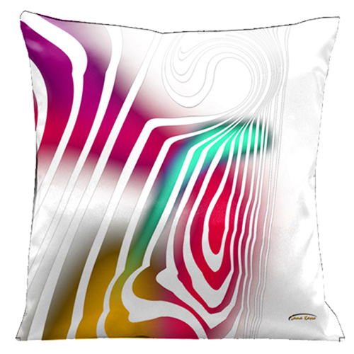 61 White On White With Aqua, Red And Gold Accents 18 In. Square Satin Pillow