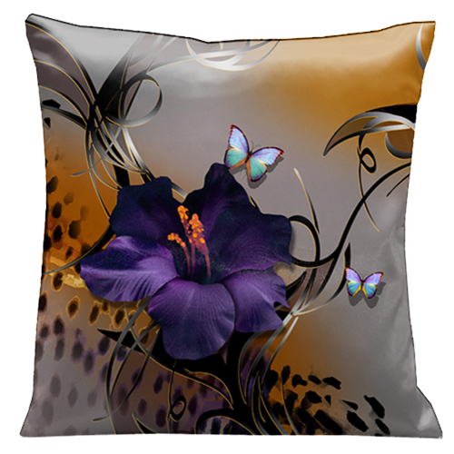 67 Butterflies And Purple Gladioli With Whimsical Black Accents On Grey And Animal Skin. 18 In. Square Satin Pillow