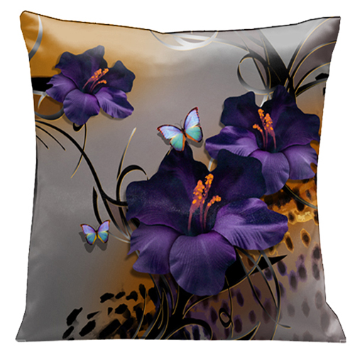 68 Butterflies And Purple Gladioli With Whimsical Black Accents On Grey And Animal Skin. 18 In. Square Satin Pillow