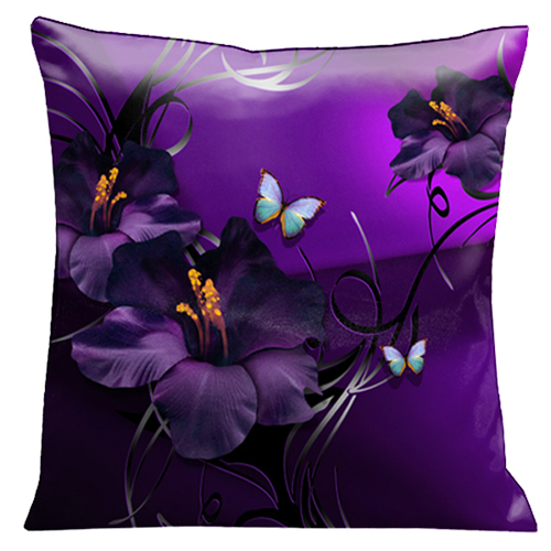 72 Aqua And Green Tropical Butterflies And Purple Gladioli With Silver And Black Scrolls On A Deep Purple Background 18 In. X18 In. Satin Pillow