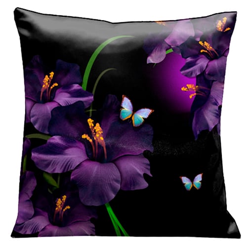 75 A Mass Of Gladioli Amongst The Butterflies And Reeds On Black And Purple 18 In. Square Satin Pillow
