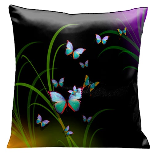 76 A Mass Of Beautiful Butterflies Amongst The Reeds On Black And Purple 18 In. Square Satin Pillow