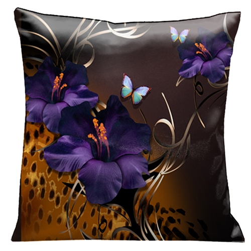 69 Purple Gladioli And Butterflies On A Rich Chocolate Background With Animal Print Accents 18 In. Square Satin Pillow