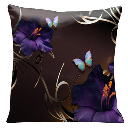 70 Purple Gladioli And Butterflies On A Rich Chocolate Background 18 In. Square Satin Pillow