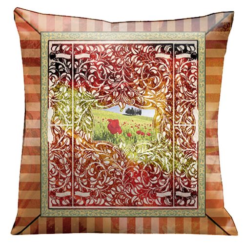 95s Italian Kitchen Pillow With Garden Mural In Red And Orange Stripes 18 In. Square Suede Pillow