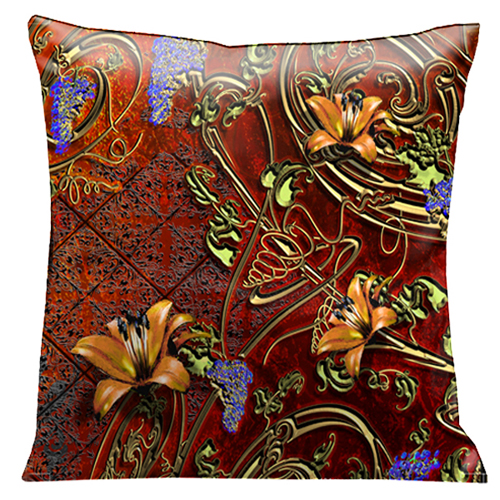 104 Tiger Lilies And Grapes Surrounded By Gold Filigree On A Burnt Sienna Background 18 In. X18 In. Satin Pillow