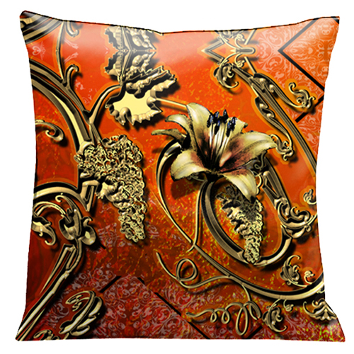 119s Rolled Gold Iron Work On A Deep Soft Orange Filigree Background 18 In. Square Micro-suede Pillow