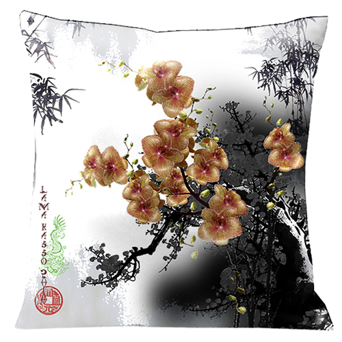 180 Orange Tiger Orchids Accented With Black Bamboo On A Silver White Background White Satin Underside 18 In. Square Satin Pillow