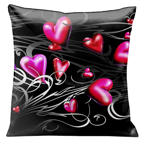 161 Pink And Red Hearts Floating On Black With Silver Grey Scrolls 18 In. X 18 In. Satin Pillow