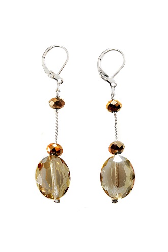 5303-e-honey Silvertone Faceted Glass Oval Illusion Drop Earrings, Honey