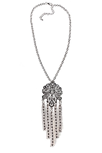 5668-n-s Silvertone Lace Tassel Necklace