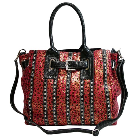 Ms105-rs-leopard Womens Belted Leopard Print Fashion Tote Bag Striped With Rhinestones, Rose