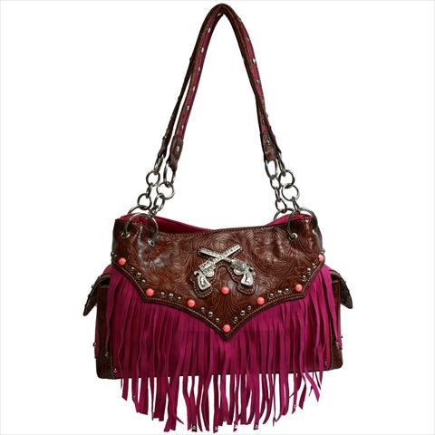 Gn103-fu Chic Western Design Fringe Shoulder Bag With Floral Trim, Fuchsia