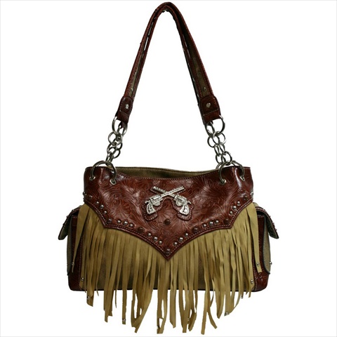 Gn103-bn Chic Western Design Fringe Shoulder Bag With Floral Trim, Brown