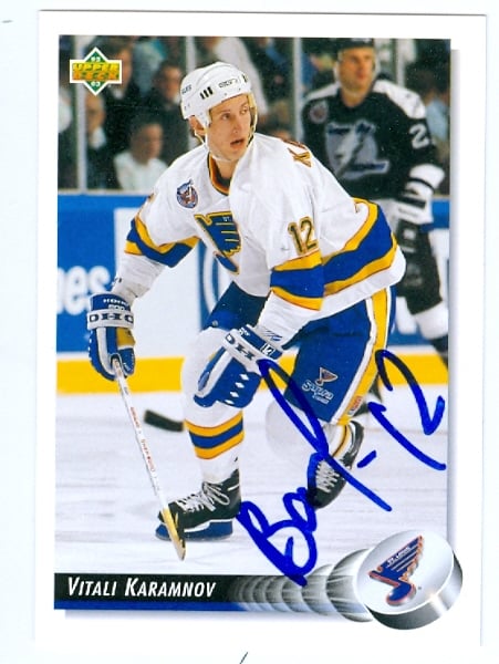 23551 Vitali Karamnov Autographed Hockey Card St. Louis Blues 1992 Upper Deck No. 510