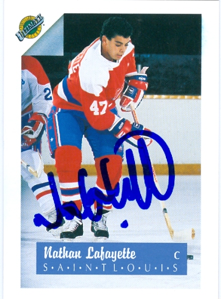 23577 Nathan Lafayette Autographed Hockey Card St. Louis Blues 1991 Ultimate No. 46