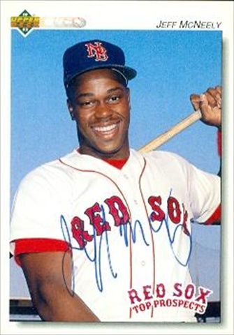 37493 Jeff Mcneely Autographed Baseball Card Boston Red Sox 1992 Upper Deck Top Prospects No. 258