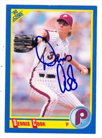 37724 Dennis Cook Autographed Baseball Card Philadelphia Phillies 1990 Score No. 545 67
