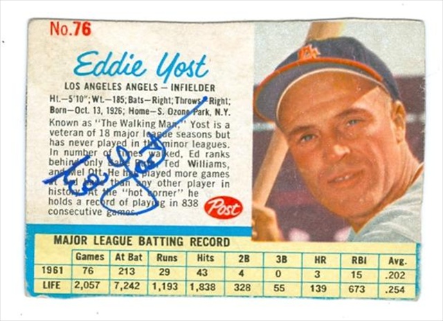 37863 Ed Yost Autographed Baseball Card Los Angeles Angels 1962 Post No. 76 67