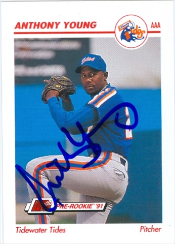 38168 Anthony Young Autographed Baseball Card New York Mets Tidewater Tides 1991 Line Drive No. 573 67