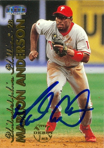 45107 Marlon Anderson Autographed Baseball Card Philadelphia Phillies 1999 Fleer Tradition No .105