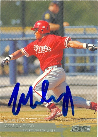 45117 Marlon Byrd Autographed Baseball Card Philadelphia Phillies 2002 Topps Stadium Club No .109