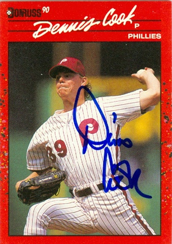 45124 Dennis Cook Autographed Baseball Card Philadelphia Phillies 1990 Donruss No .193