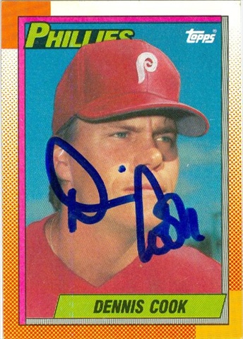 45129 Dennis Cook Autographed Baseball Card Philadelphia Phillies 1990 Topps No .633