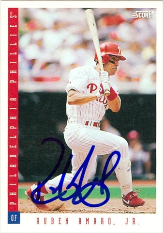 45130 Ruben Amaro Jr. Autographed Baseball Card Philadelphia Phillies 1993 Score No .341