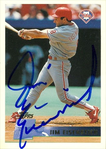 45133 Jim Eisenreich Autographed Baseball Card Philadelphia Phillies 1996 Topps No .66