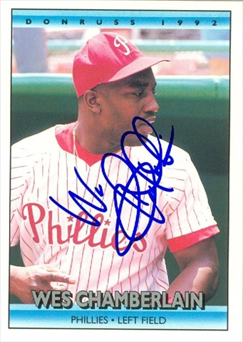 45150 Wes Chamberlain Autographed Baseball Card Philadelphia Phillies 1992 Donruss No .384