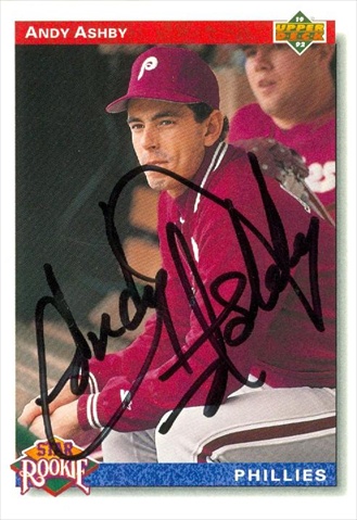 45152 Andy Ashby Autographed Baseball Card Philadelphia Phillies 1992 Upper Deck No .19